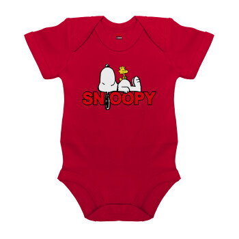 Snoopy sleep, Βρεφικό φορμάκι μωρού, ΚΟΚΚΙΝΟ, 100% Organic Cotton, κοντομάνικο