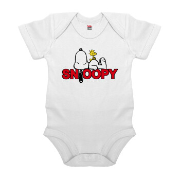 Snoopy sleep, Βρεφικό φορμάκι μωρού, 0-24 μηνών, ΛΕΥΚΟ, 100% Organic Cotton, κοντομάνικο