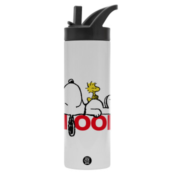 Snoopy sleep, Metallic thermos bottle with straw & handle, stainless steel (Stainless steel 304), double-walled, 600ml.