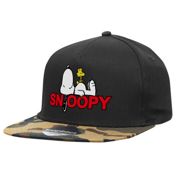 Snoopy sleep, Adult Flat Snapback Hat Black/Camouflage, (100% COTTON TWILL, ADULT, UNISEX, ONE SIZE)