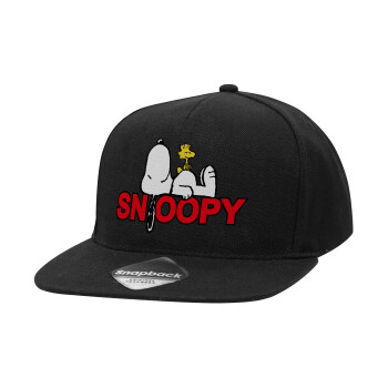 Snoopy sleep, Adult Flat Snapback Hat Black, (100% COTTON TWILL, ADULT, UNISEX, ONE SIZE)