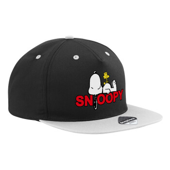 Snoopy sleep, Καπέλο Ενηλίκων Flat Snapback Μαύρο/Γκρι, (100% ΒΑΜΒΑΚΕΡΟ TWILL, ΕΝΗΛΙΚΩΝ, UNISEX, ONE SIZE)