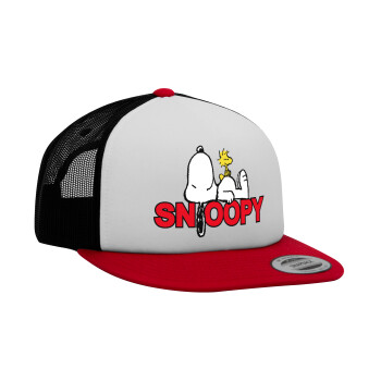 Snoopy sleep, Adult Foam Flat Snapback with Mesh Red-White-Black (POLYESTER, ADULT, UNISEX, ONE SIZE)