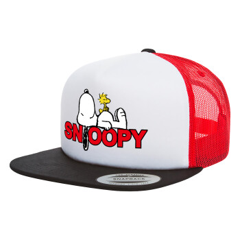 Snoopy sleep, Adult Foam Flat Snapback with Mesh Black-White-Red (POLYESTER, ADULT, UNISEX, ONE SIZE)