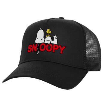 Snoopy sleep, Structured Trucker Adult Hat, with Mesh, Black (100% COTTON, ADULT, UNISEX, ONE SIZE)