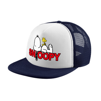 Snoopy sleep, Adult Soft Trucker Hat with Dark Blue/White Mesh (POLYESTER, ADULT, UNISEX, ONE SIZE)