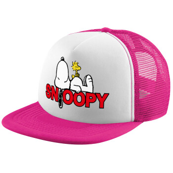 Snoopy sleep, Adult Soft Trucker Hat with Pink/White Mesh (POLYESTER, ADULT, UNISEX, ONE SIZE)