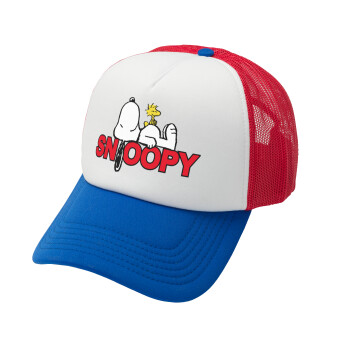 Snoopy sleep, Adult Soft Trucker Hat with Red/Blue/White Mesh (POLYESTER, ADULT, UNISEX, ONE SIZE)