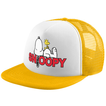 Snoopy sleep, Adult Soft Trucker Hat with Yellow/White Mesh (POLYESTER, ADULT, UNISEX, ONE SIZE)