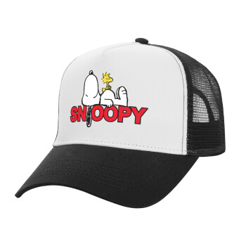 Snoopy sleep, Adult Structured Trucker Hat, with Mesh, WHITE/BLACK (100% COTTON, ADULT, UNISEX, ONE SIZE)