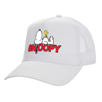 Snoopy sleep, Structured Trucker Adult Hat, with Mesh, WHITE (100% COTTON, ADULT, UNISEX, ONE SIZE)