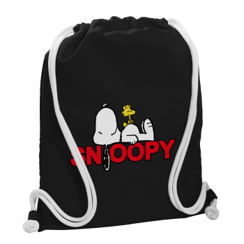 Snoopy sleep, Τσάντα πλάτης πουγκί GYMBAG Μαύρη, με τσέπη (40x48cm) & χονδρά λευκά κορδόνια