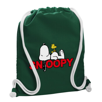 Snoopy sleep, Backpack pouch GYMBAG BOTTLE GREEN, with pocket (40x48cm) & thick white cords