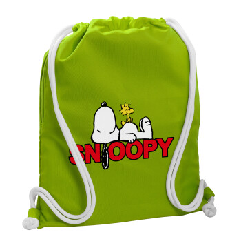 Snoopy sleep, Backpack bag GYMBAG LIME GREEN, with pocket (40x48cm) & thick cords