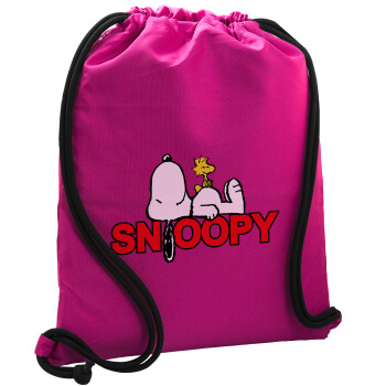 Snoopy sleep, Backpack pouch GYMBAG Fuchsia, with pocket (40x48cm) & thick cords