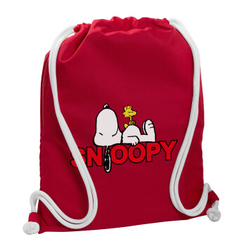 Snoopy sleep, Backpack pouch GYMBAG Red, with pocket (40x48cm) & thick cords