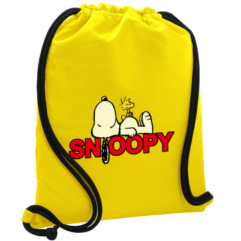 Snoopy sleep, Τσάντα πλάτης πουγκί GYMBAG Κίτρινη, με τσέπη (40x48cm) & χονδρά κορδόνια