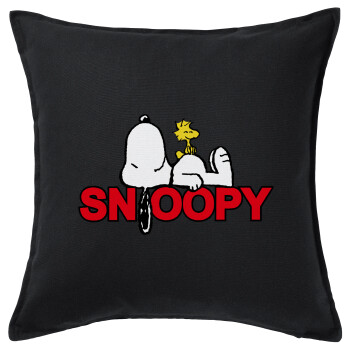 Snoopy sleep, Μαξιλάρι καναπέ Μαύρο 100% βαμβάκι, περιέχεται το γέμισμα (50x50cm)