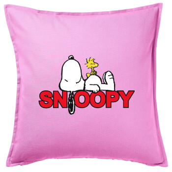 Snoopy sleep, Μαξιλάρι καναπέ ΡΟΖ 100% βαμβάκι, περιέχεται το γέμισμα (50x50cm)