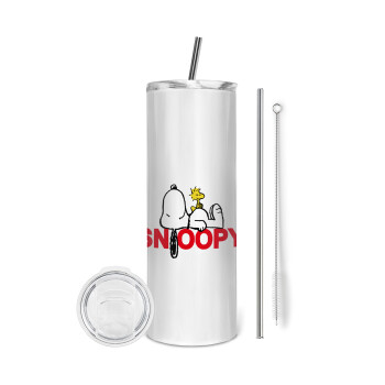 Snoopy sleep, Eco friendly ποτήρι θερμό (tumbler) από ανοξείδωτο ατσάλι 600ml, με μεταλλικό καλαμάκι & βούρτσα καθαρισμού