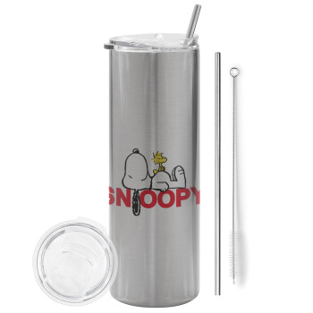 Snoopy sleep, Eco friendly stainless steel Silver tumbler 600ml, with metal straw & cleaning brush