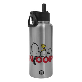 Snoopy sleep, Μεταλλικό παγούρι θερμός Silver με καλαμάκι και χερούλι (Stainless steel), διπλού τοιχώματος, 950ml