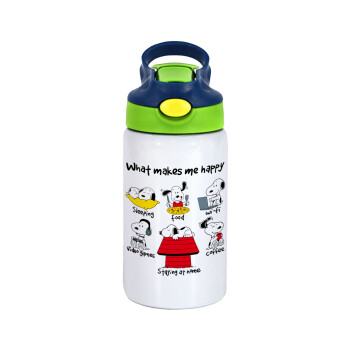 Snoopy what makes my happy, Children's hot water bottle, stainless steel, with safety straw, green, blue (350ml)