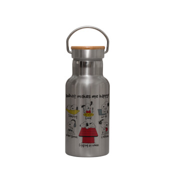 Snoopy what makes my happy, Stainless steel metallic thermos flask, silver with a bamboo lid, double-walled, 350ml.