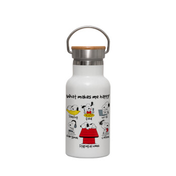 Snoopy what makes my happy, Metallic thermos (Stainless steel) White with wooden lid (bamboo), double-walled, 350ml