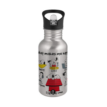 Snoopy what makes my happy, Water bottle Silver with straw, stainless steel 500ml