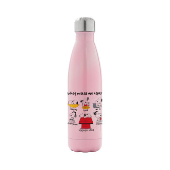 Snoopy what makes my happy, Metal mug thermos Pink Iridiscent (Stainless steel), double wall, 500ml