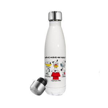 Snoopy what makes my happy, Μεταλλικό παγούρι θερμός Λευκό (Stainless steel), διπλού τοιχώματος, 500ml