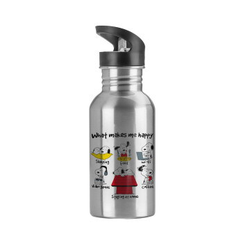 Snoopy what makes my happy, Water bottle Silver with straw, stainless steel 600ml