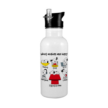 Snoopy what makes my happy, White water bottle with straw, stainless steel 600ml