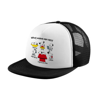 Snoopy what makes my happy, Καπέλο Ενηλίκων Soft Trucker με Δίχτυ Black/White (POLYESTER, ΕΝΗΛΙΚΩΝ, UNISEX, ONE SIZE)
