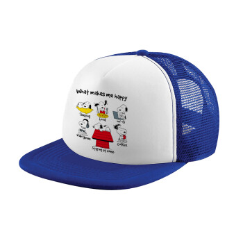 Snoopy what makes my happy, Καπέλο Ενηλίκων Soft Trucker με Δίχτυ Blue/White (POLYESTER, ΕΝΗΛΙΚΩΝ, UNISEX, ONE SIZE)