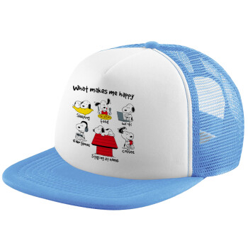 Snoopy what makes my happy, Child's Soft Trucker Hat with Blue/White Mesh (POLYESTER, CHILD, ONE SIZE)