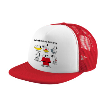 Snoopy what makes my happy, Καπέλο παιδικό Soft Trucker με Δίχτυ ΚΟΚΚΙΝΟ/ΛΕΥΚΟ (POLYESTER, ΠΑΙΔΙΚΟ, ONE SIZE)