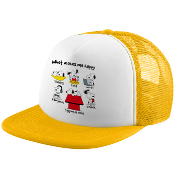 Snoopy what makes my happy, Adult Soft Trucker Hat with Yellow/White Mesh (POLYESTER, ADULT, UNISEX, ONE SIZE)