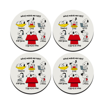 Snoopy what makes my happy, ΣΕΤ 4 Σουβέρ ξύλινα στρογγυλά (9cm)