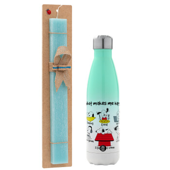 Snoopy what makes my happy, Easter Set, Metallic green/white thermos (Stainless steel), double-walled, 500ml & scented flat Easter candle (30cm) (TURQUOISE)