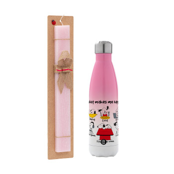 Snoopy what makes my happy, Easter Set, Metallic pink/white (Stainless steel) thermos, double-walled, 500ml & aromatic flat Easter candle (30cm) (PINK)