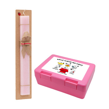 Snoopy what makes my happy, Easter Set, children's snack container PINK & scented flat Easter candle (30cm) (PINK)