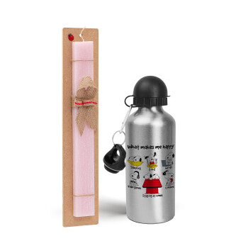 Snoopy what makes my happy, Easter Set, metallic Silver aluminum water bottle (500ml) & scented flat Easter candle (30cm) (PINK)