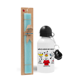 Snoopy what makes my happy, Easter Set, metallic aluminum water bottle (500ml) & scented flat candle (30cm) (TURQUOISE)