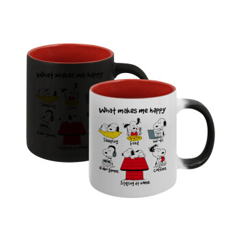 Snoopy what makes my happy, Κούπα Μαγική εσωτερικό κόκκινο, κεραμική, 330ml που αλλάζει χρώμα με το ζεστό ρόφημα (1 τεμάχιο)