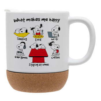 Snoopy what makes my happy, Κούπα, κεραμική με βάση φελού και καπάκι (ΜΑΤ), 330ml (1 τεμάχιο)