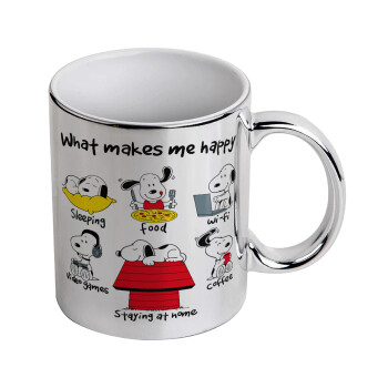 Snoopy what makes my happy, Κούπα κεραμική, ασημένια καθρέπτης, 330ml