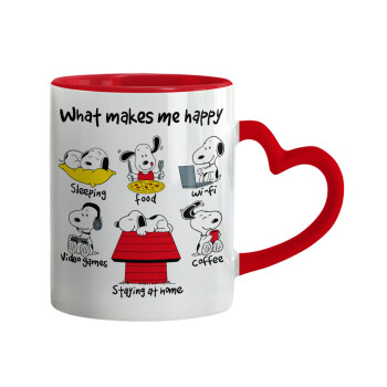 Snoopy what makes my happy, Κούπα καρδιά χερούλι κόκκινη, κεραμική, 330ml