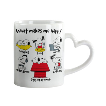 Snoopy what makes my happy, Κούπα καρδιά χερούλι λευκή, κεραμική, 330ml